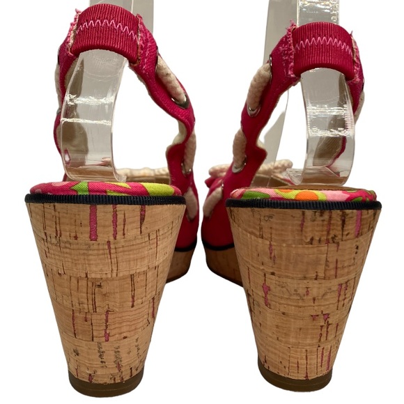 SPERRY Pink & White Cork Top Sider Peep Toe Slingback Bow Tie Wedges, 7.5 - Picture 8 of 10